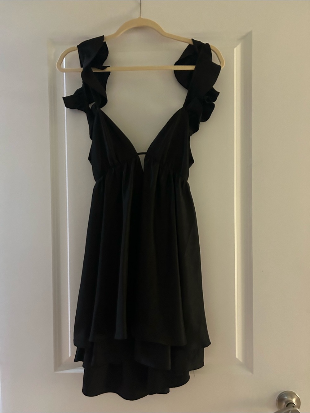 CC Boutique Black Ruffle-Strap V-Neck Midi Dress